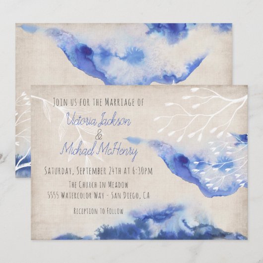 水彩ブルーオンブレ結婚式招待状 招待状 (正面/裏面)