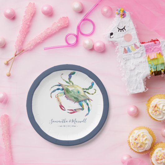 水彩ブルーカニ小ビーチ結婚式 ペーパープレート (パーティー)