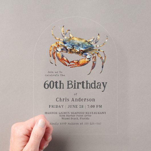 水彩ブルーカニ沿岸海鮮魚介類60誕生日 アクリル招待状 (インサイチュ (ポータブル))