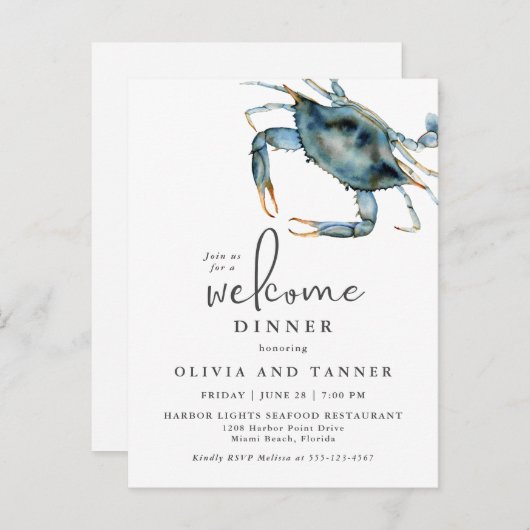水彩ブルーカニ魚介類ウェルカムディナー ポストカード (正面/裏面)