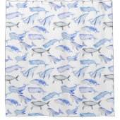 水彩ブルークジラ模様 シャワーカーテン (正面)