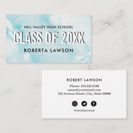 水彩ブルークラス卒業名ソーシャルアイコン 名刺 (正面/裏面)