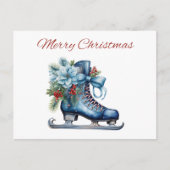 水彩ブルークリスマスアイススケートとリボン シーズンポストカード (正面)