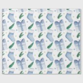 水彩ブルークリスマスストッキングとプレゼント ラッピングペーパー (フラット)