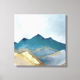 水彩ブルーグリーンゴールドフォイルマウンテンランドスケープ キャンバスプリント