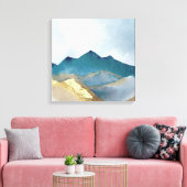 水彩ブルーグリーンゴールドフォイルマウンテンランドスケープ キャンバスプリント (インサイチュ (リビング))