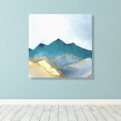 水彩ブルーグリーンゴールドフォイルマウンテンランドスケープ キャンバスプリント (インサイチュ (ウッドフロア))