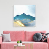 水彩ブルーグリーンゴールドフォイルマウンテンランドスケープ キャンバスプリント (インサイチュ (リビング))