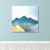 水彩ブルーグリーンゴールドフォイルマウンテンランドスケープ キャンバスプリント (インサイチュ (ウッドフロア))