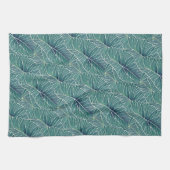 水彩ブルーグリーンティール（緑がかった色）トロピカル葉パターン キッチンタオル (横)