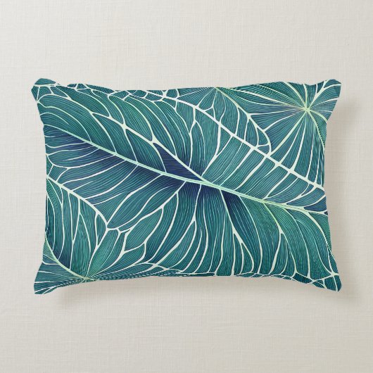水彩ブルーグリーンティール（緑がかった色）トロピカル葉 アクセントクッション (正面)