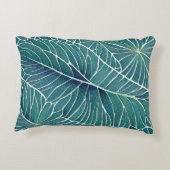 水彩ブルーグリーンティール（緑がかった色）トロピカル葉 アクセントクッション (裏面)