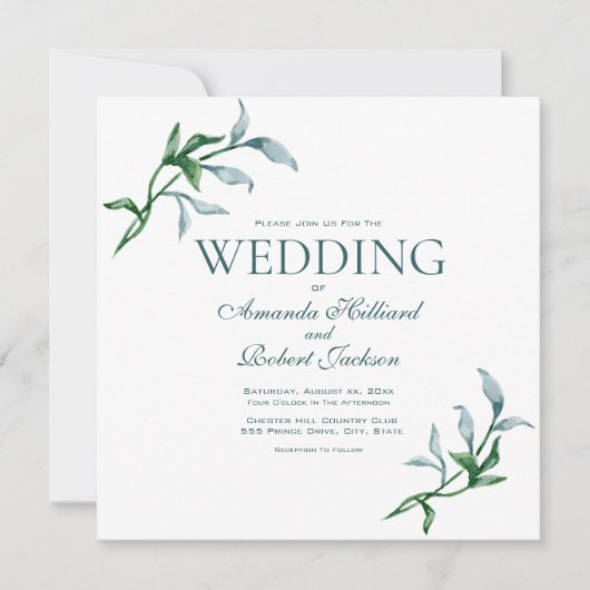 水彩ブルーグリーンフローラエレガントな結婚式 招待状 (正面)
