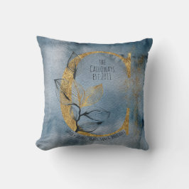 水彩ブルーグレー金ゴールドCモノグラム装飾用クッション クッション