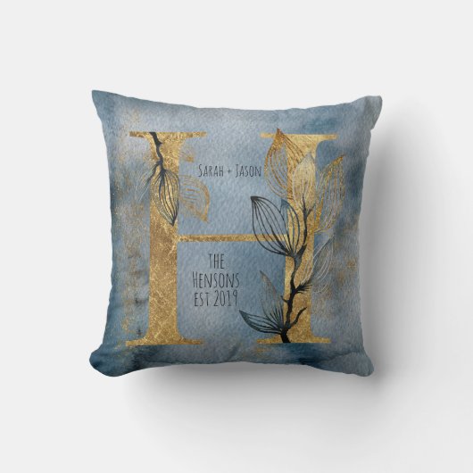 水彩ブルーグレー金ゴールドHモノグラム装飾用クッション クッション (正面)