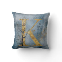 水彩ブルーグレー金ゴールドKモノグラム装飾用クッション