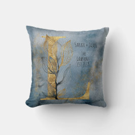 水彩ブルーグレー金ゴールドLモノグラム装飾用クッション クッション