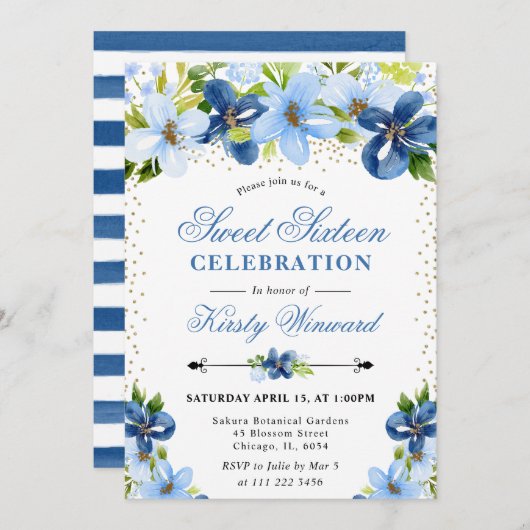 水彩ブルーサマーフラワースウィート16 招待状 (正面/裏面)