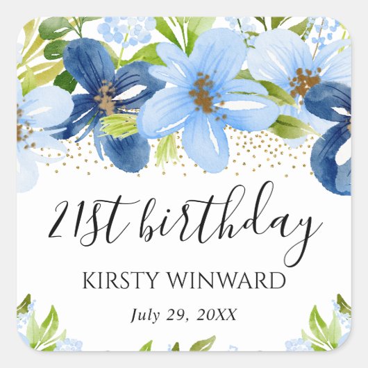 水彩ブルーサマーフラワーズ誕生日 スクエアシール (正面)