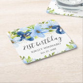 水彩ブルーサマーフラワーズ誕生日 スクエアペーパーコースター (アングル)