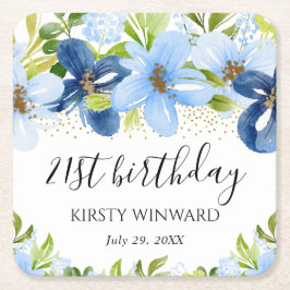 水彩ブルーサマーフラワーズ誕生日 スクエアペーパーコースター