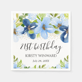 水彩ブルーサマーフラワーズ誕生日 スタンダードカクテルナプキン