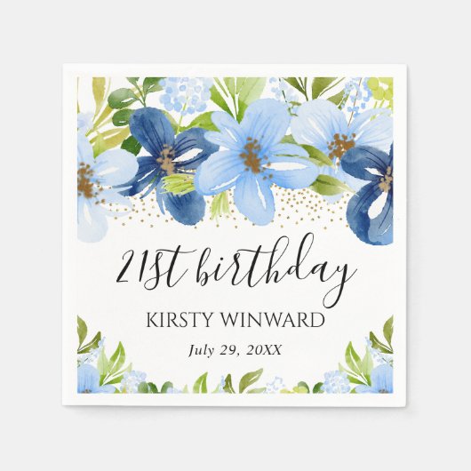 水彩ブルーサマーフラワーズ誕生日 スタンダードカクテルナプキン (正面)