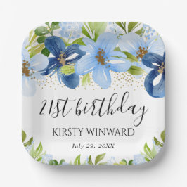 水彩ブルーサマーフラワーズ誕生日 ペーパープレート