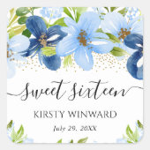 水彩ブルーサマーフラワーズSweet sixteen スクエアシール (正面)