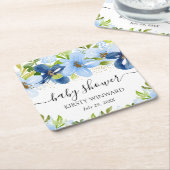 水彩ブルーサマーフラワーベビーシャワー スクエアペーパーコースター (アングル)