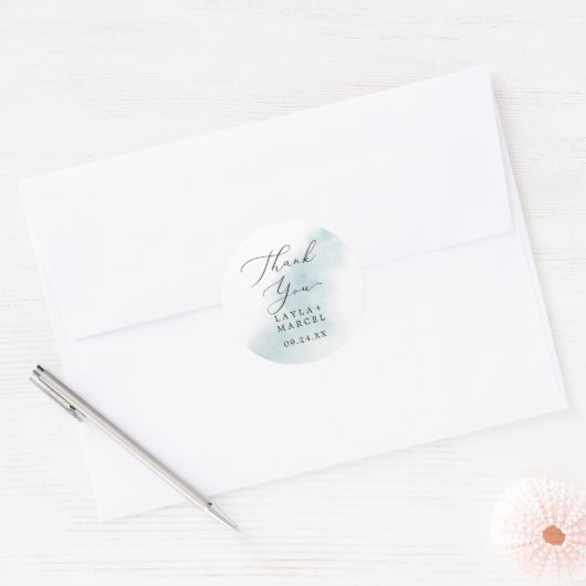 水彩ブルーサンキュー結婚式の引き出物シール ラウンドシール (封筒)