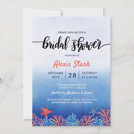 水彩ブルーサンゴヒトデ海ブライダルシャワー 招待状 (正面)