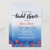 水彩ブルーサンゴヒトデ海ブライダルシャワー 招待状 (正面/裏面)