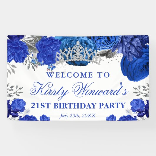 水彩ブルーシルバーの花の誕生日 横断幕 (横)