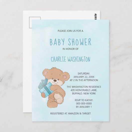 水彩ブルーシンプルティディベア赤ちゃんシャワー ポストカード (正面/裏面)