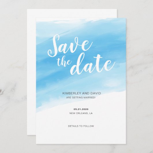 水彩ブルーシーサイド日付を保存 招待状 (正面/裏面)