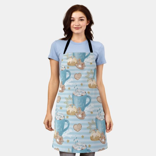 水彩ブルーストライプクリスマスのクッキー&ココアクリスマス エプロン (着用した状態)