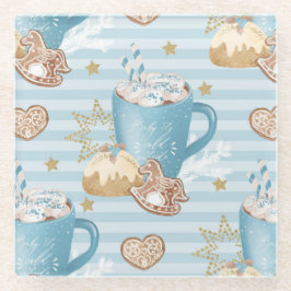 水彩ブルーストライプクリスマスのクッキー&ココアクリスマス ガラスコースター