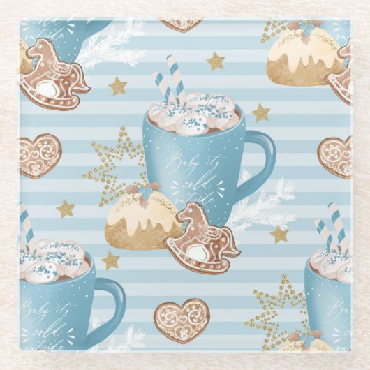 水彩ブルーストライプクリスマスのクッキー&ココアクリスマス ガラスコースター (正面)