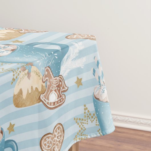 水彩ブルーストライプクリスマスのクッキー&ココアクリスマス テーブルクロス (インサイチュ)