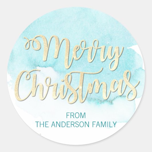 水彩ブルーターコイズ金ゴールドグリッタークリスマス ラウンドシール (正面)