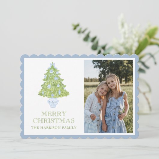 水彩ブルーチノワジェリークリスマスツリー写真 シーズンカード (スタンド正面)