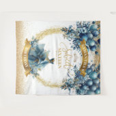 水彩ブルードレススウィート16金ゴールドグリッターバナー タペストリー (正面(横))