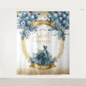 水彩ブルードレススウィート16金ゴールドグリッターバナー タペストリー (正面)