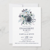 水彩ブルーネイビーフローラ婚約パーティ 招待状 (正面)