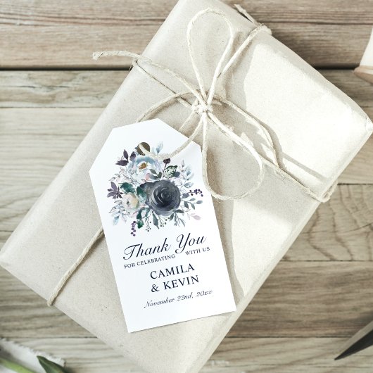 水彩ブルーネイビーフローラ結婚ズサンキュー ギフトタグ