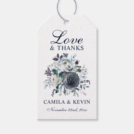 水彩ブルーネイビー結婚フローラのLOVE & 感謝してい ギフトタグ (正面)