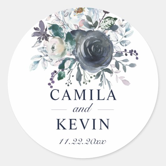 水彩ブルーネイビー結婚フローラ結婚ズ ラウンドシール (正面)