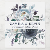 水彩ブルーネイビー結婚フローラ結婚ズ ワインラベル (シングルラベル)