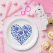 水彩ブルーハートチューリップ付き白 ペーパープレート (パーティー)